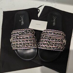 Chanel Leather & Tweed Black Slides, Authentic